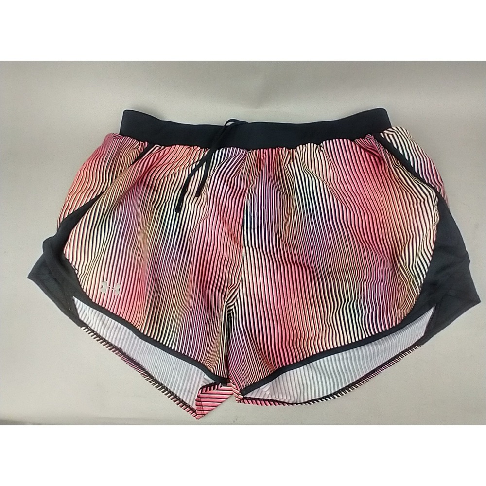 Under Armour HeatGear Women 1X Pink Black Striped Lined Running Shorts‎ Loose